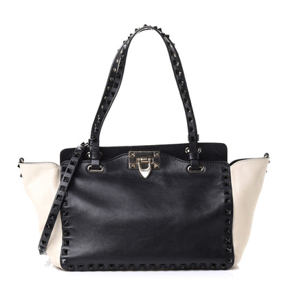 Valentino Garavani Vitello Monochrome Small Rockstud Tote Black Light Ivory 1 of 4