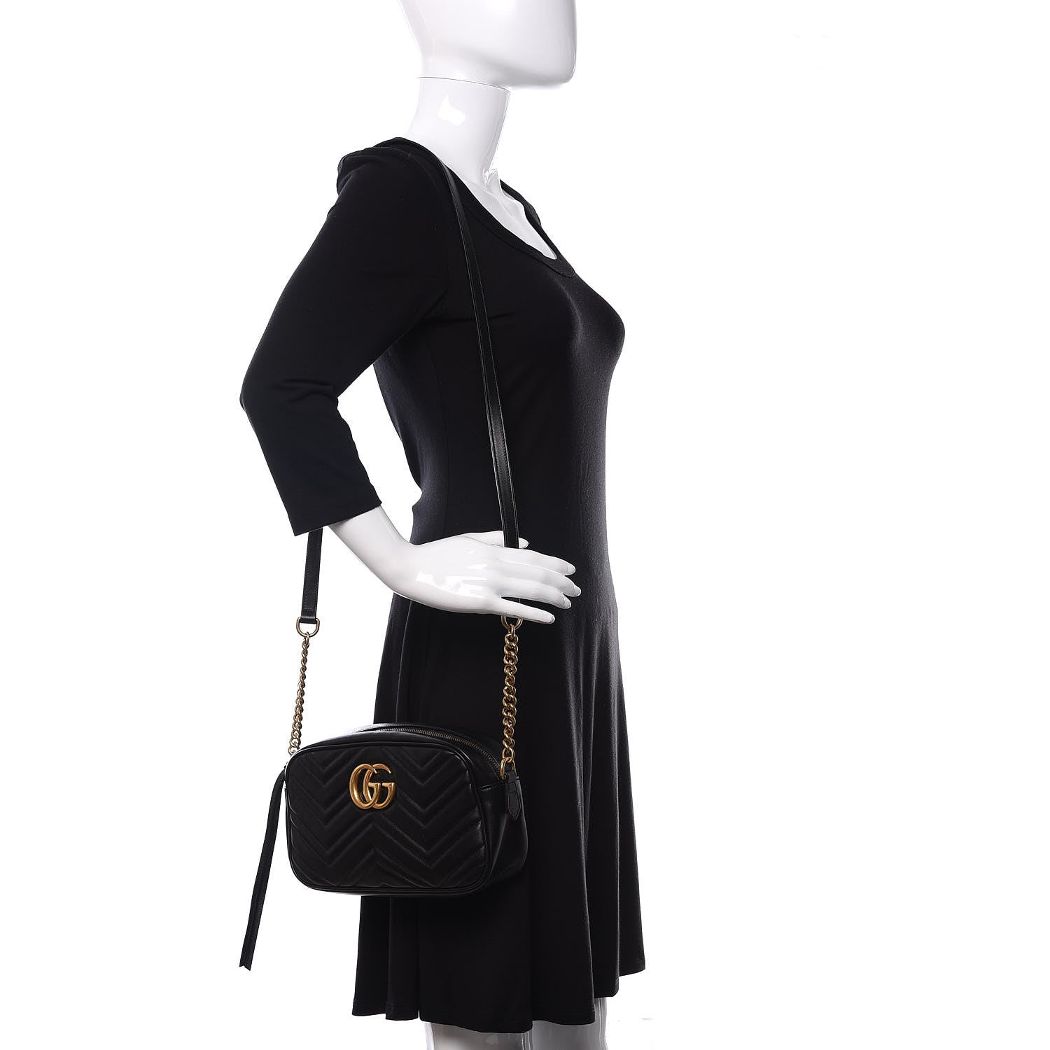 Gucci Calfskin Matelasse Small GG Marmont Chain Shoulder Bag Black 2 of 14
