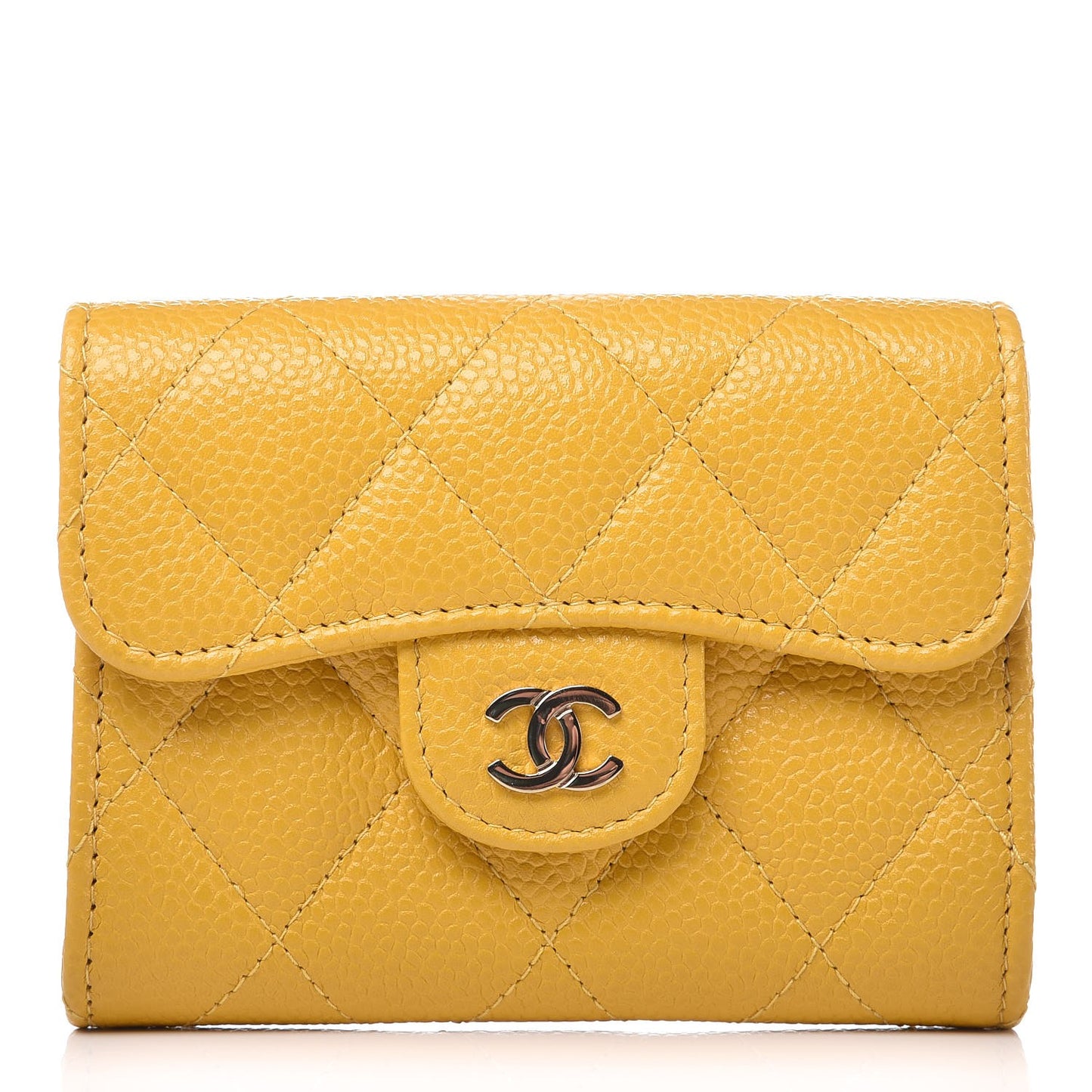 Caviar Quilted Flap Card Holder Wallet Yellow