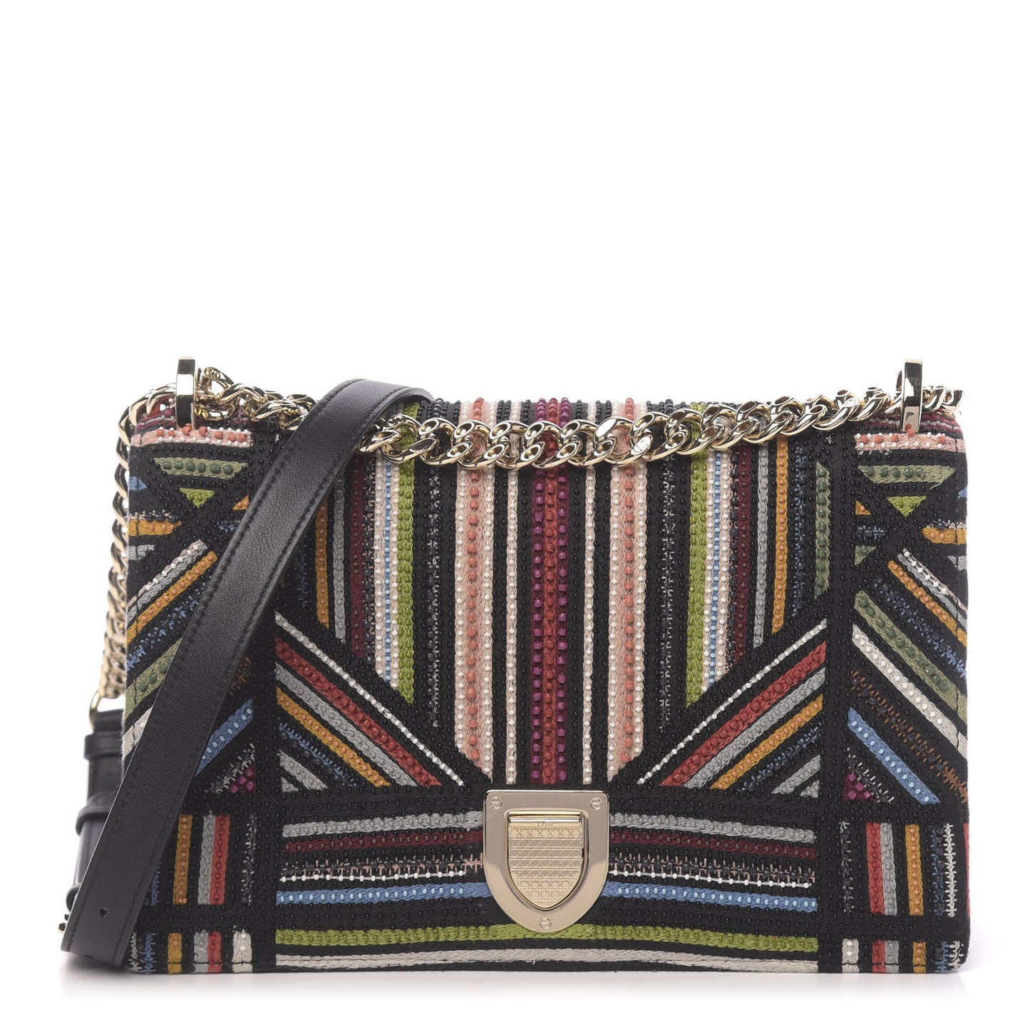 Embroidered Striped Medium Diorama Flap Bag Multicolor