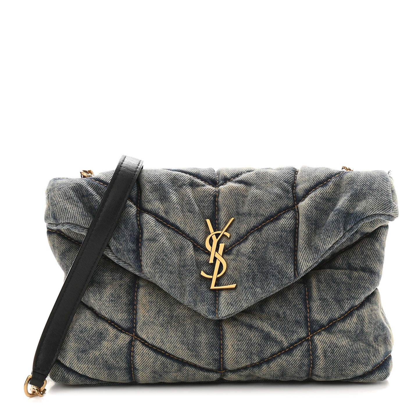 Denim Quilted Toy Loulou Puffer Monogram Chain Satchel Blue Black