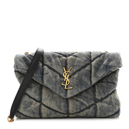 Saint Laurent Denim Quilted Toy Loulou Puffer Monogram Chain Satchel Blue Black 1 of 9