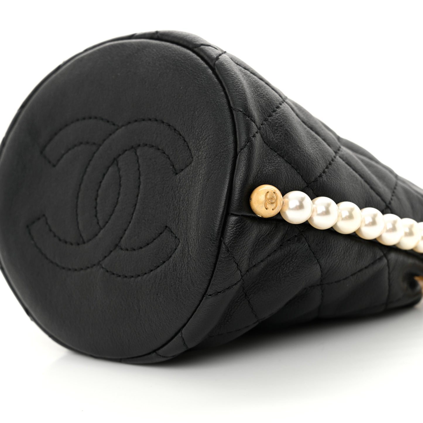 Calfskin Quilted Pearl Mini About Pearls Drawstring Bucket Bag Black