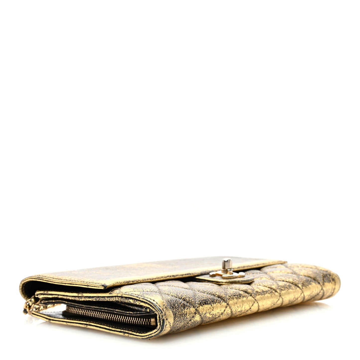 Cracked Metallic Calfskin Quilted Zip Away Chain Clutch Gold