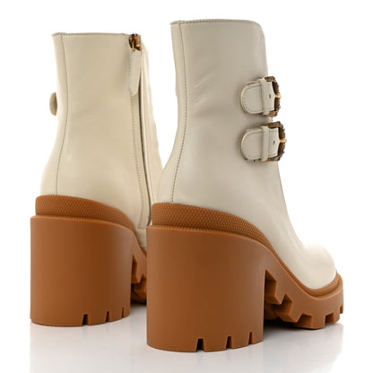 Gucci Kensington Calfskin Nappa GG Supreme Monogram Womens Double Buckle Ankle Boots 38 Mystic White Beige 4 of 9