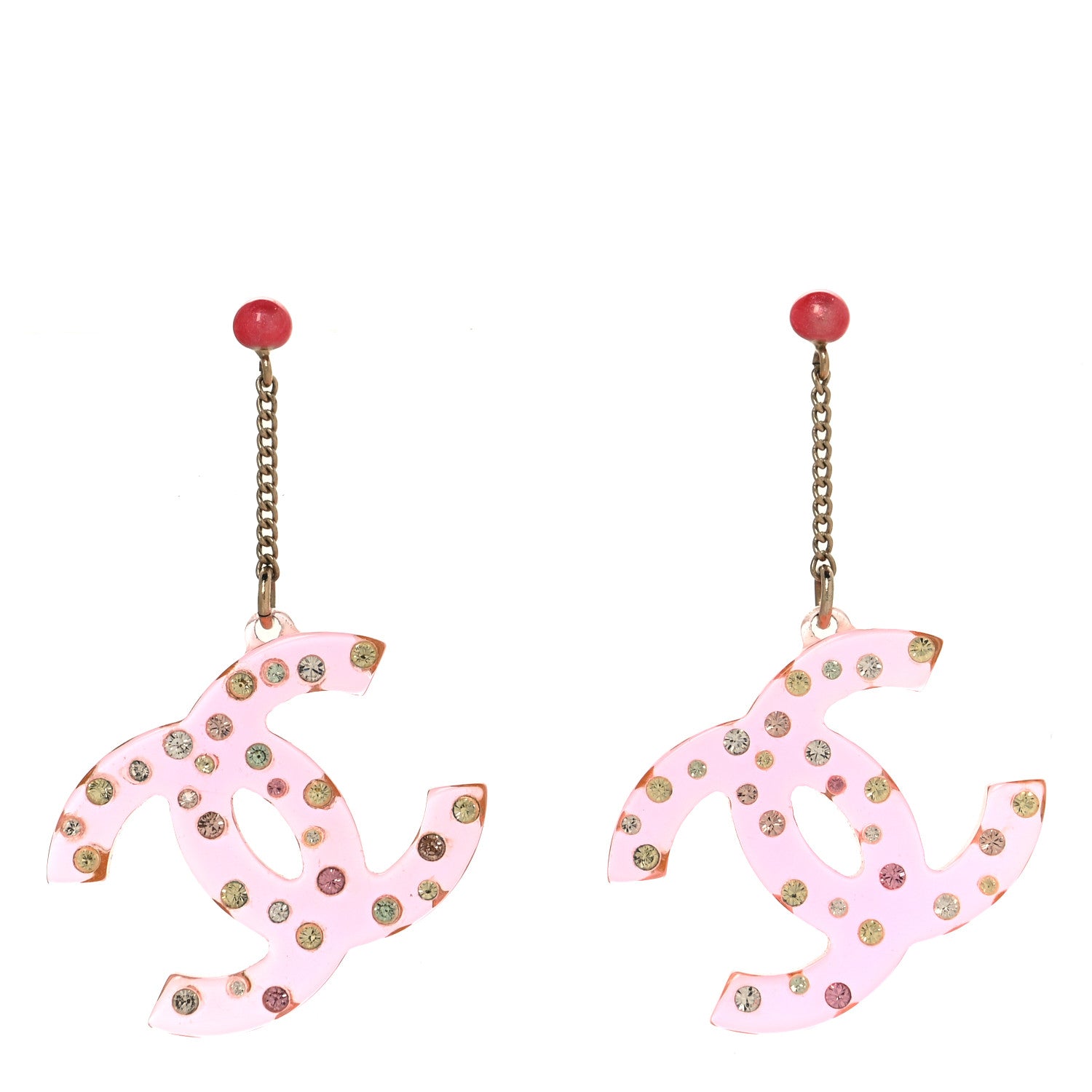 Chanel Resin Crystal CC Drop Earrings Gold Pink 1 of 4