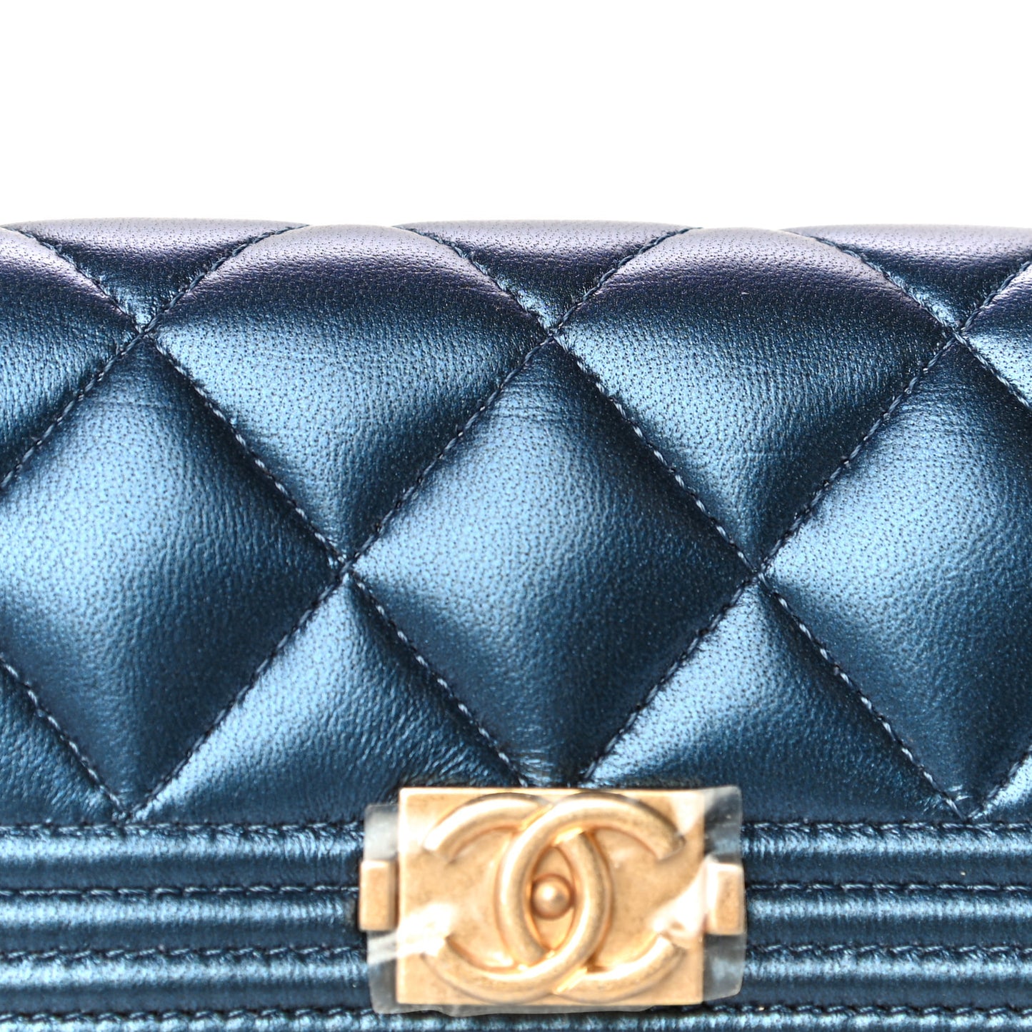 Metallic Lambskin Quilted Large Boy Gusset Flap Wallet Blue