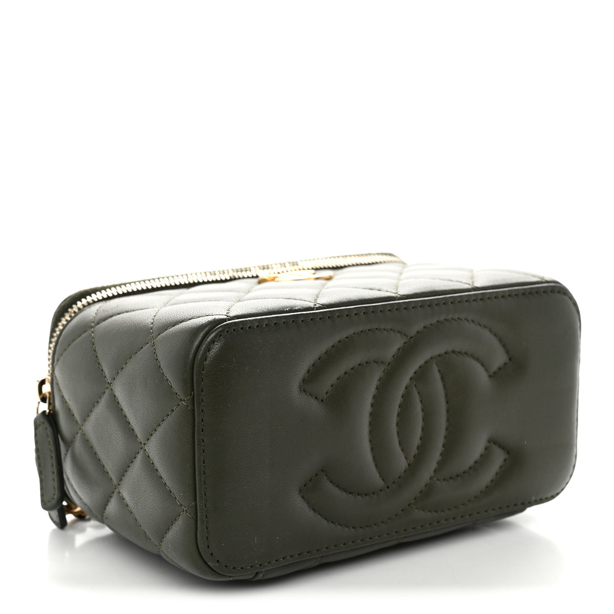 Lambskin Quilted Metal Small Top Handle Vanity Case With Chain Dark Khaki