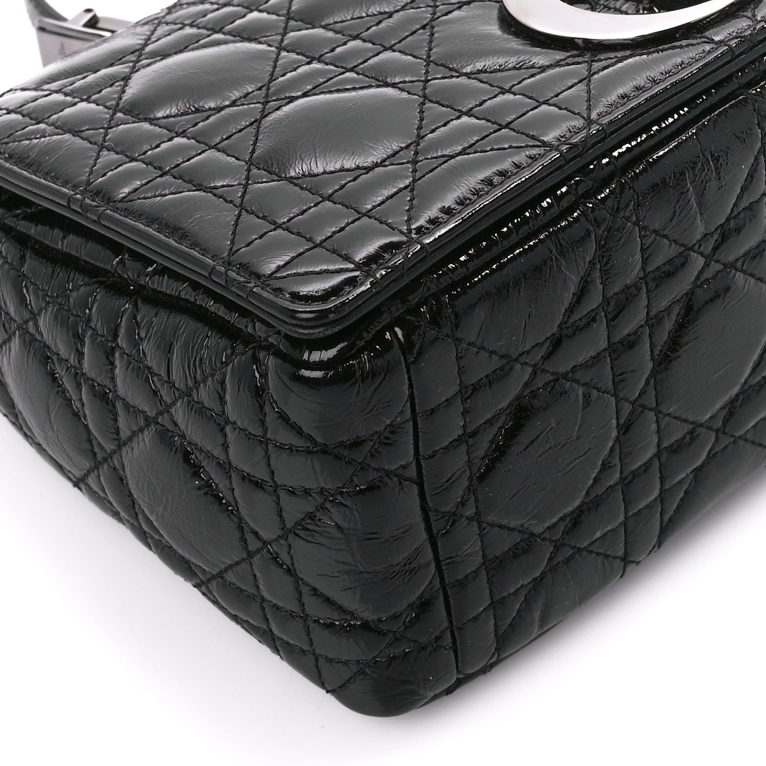 Christian Dior Crinkled Patent Lambskin Cannage Medium Caro Bag Black 9 of 10