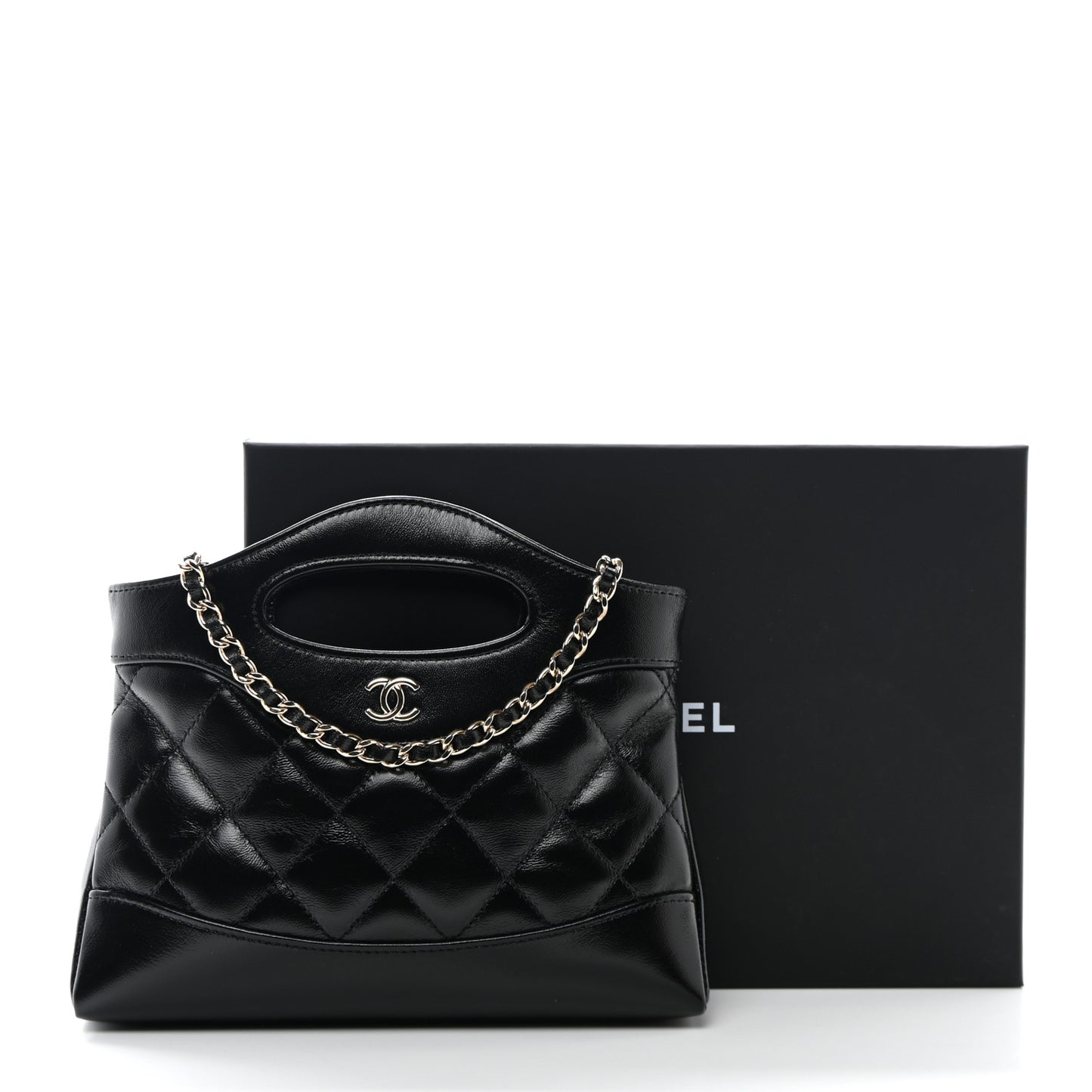 Shiny Crumpled Calfskin Quilted Nano 31 Shopping Bag Black