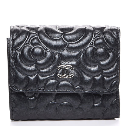 Chanel Lambskin Camellia Embossed Small Double Wallet Black 1 of 8