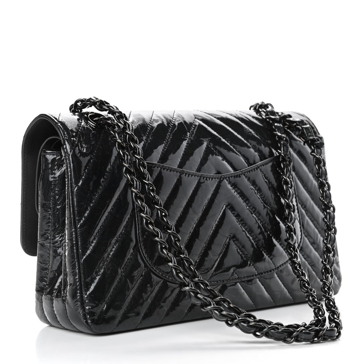 Metallic Patent Crumpled Calfskin Chevron Quilted Medium Double Flap So Black