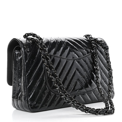 Chanel Metallic Patent Crumpled Calfskin Chevron Quilted Medium Double Flap So Black 2 of 7