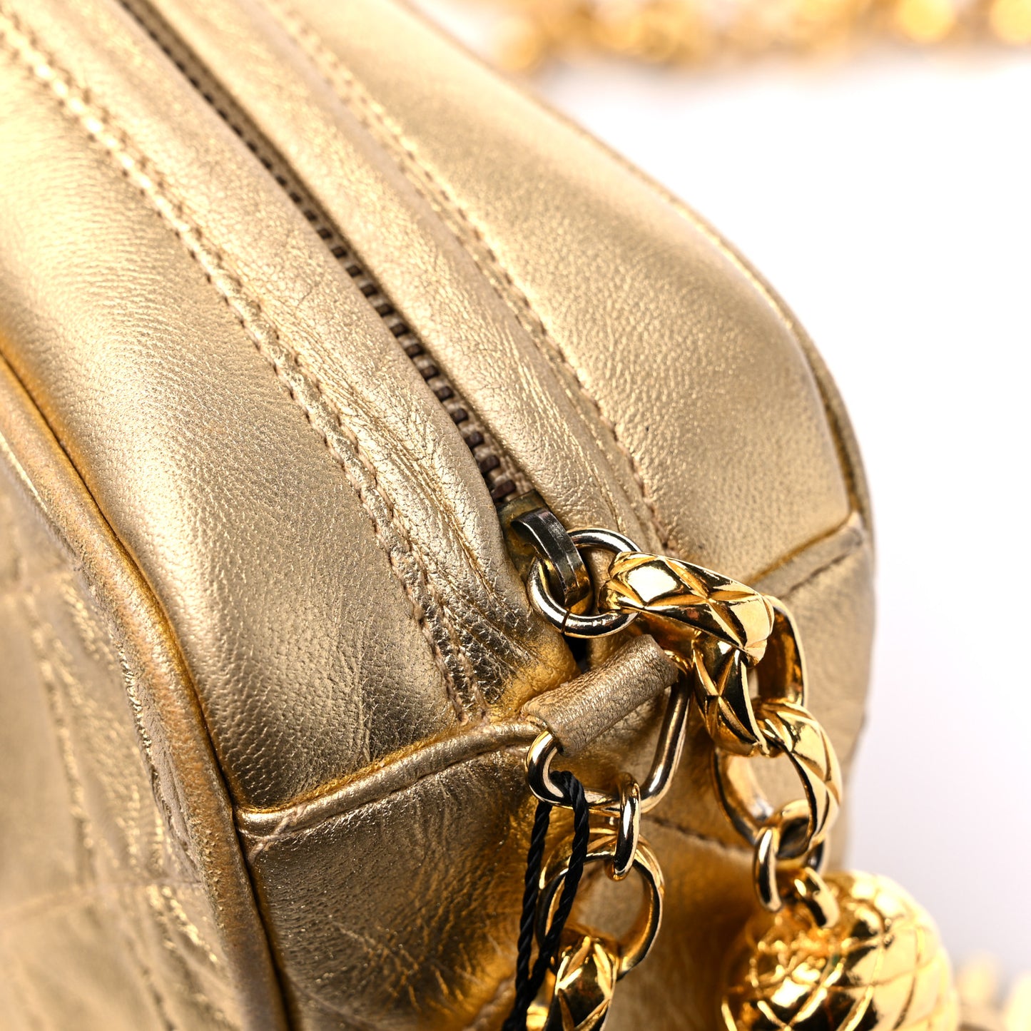 Metallic Lambskin Quilted Tassel Camera Case Gold