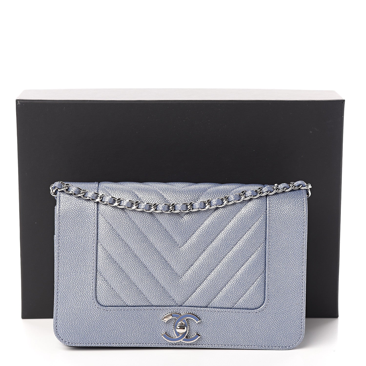 Chanel Metallic Caviar Chevron Quilted Vintage Mademoiselle Wallet On Chain WOC Blue 11 of 11