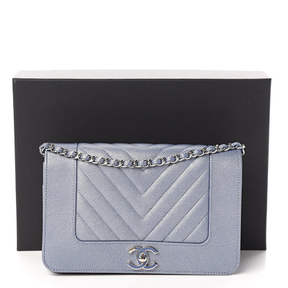 Chanel Metallic Caviar Chevron Quilted Vintage Mademoiselle Wallet On Chain WOC Blue 11 of 11
