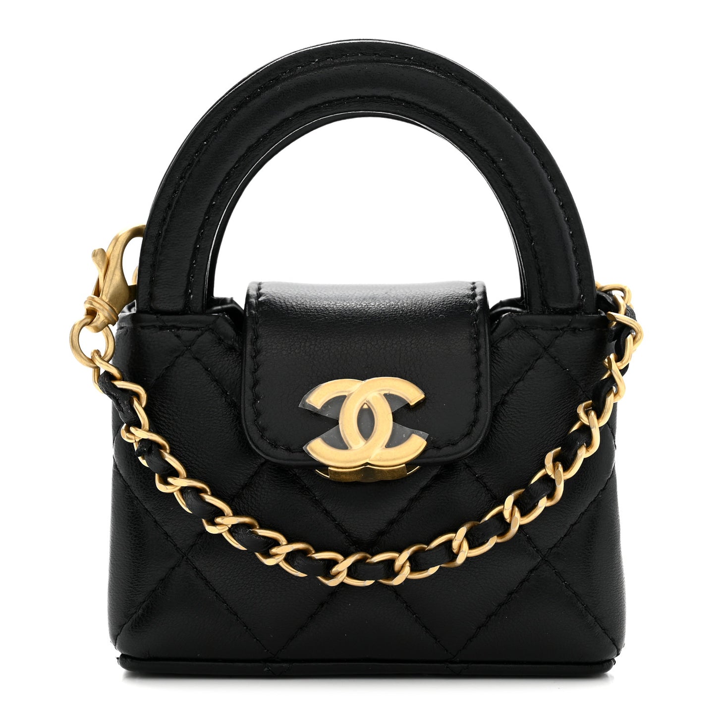 Shiny Lambskin Quilted Mini Kelly Bag Charm Black