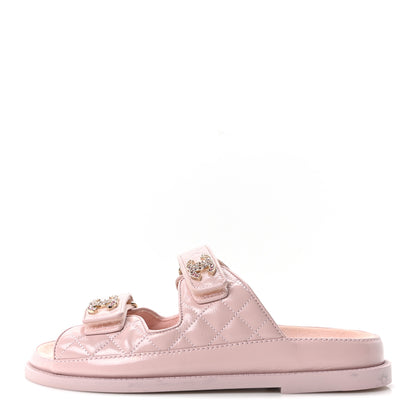 Chanel Shiny Calfskin Quilted Velcro Dad Crystal CC Slide Sandals 37.5 Light Pink 1 of 10