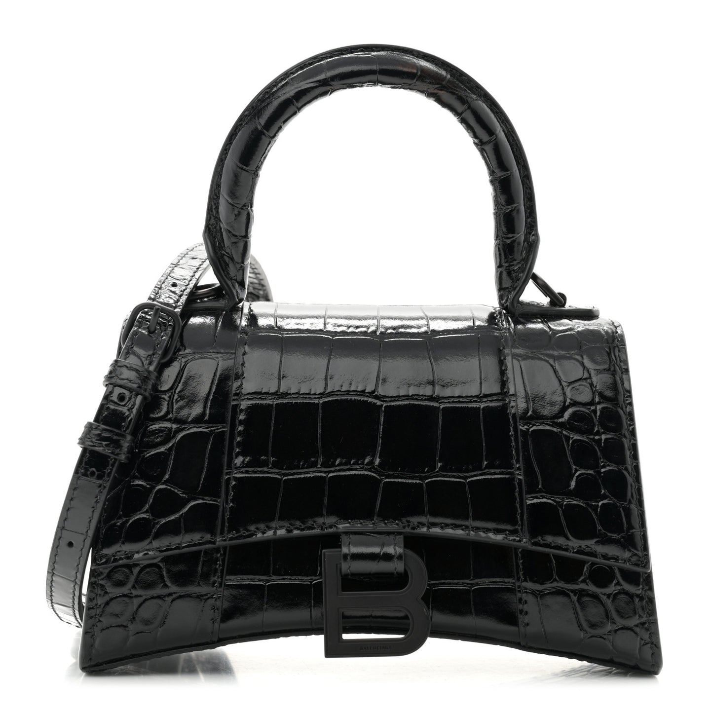 Shiny Calfskin Monochrome Crocodile Embossed Hourglass Top Handle Bag XS Black
