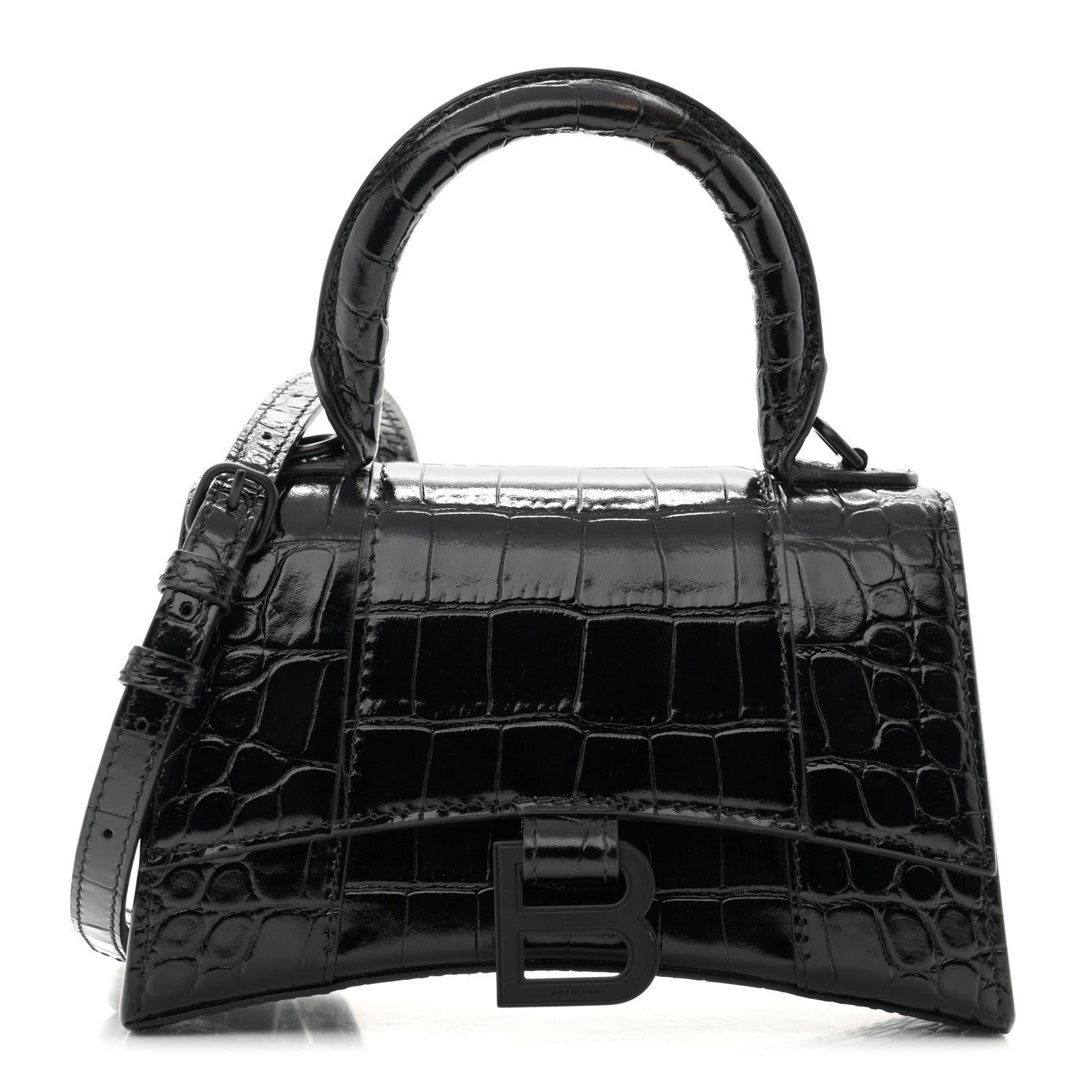 Balenciaga Shiny Calfskin Monochrome Crocodile Embossed Hourglass Top Handle Bag XS Black 1 of 10