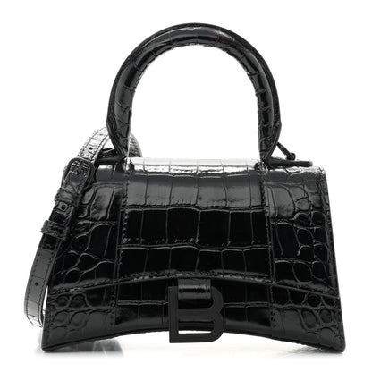 Balenciaga Shiny Calfskin Monochrome Crocodile Embossed Hourglass Top Handle Bag XS Black 1 of 10