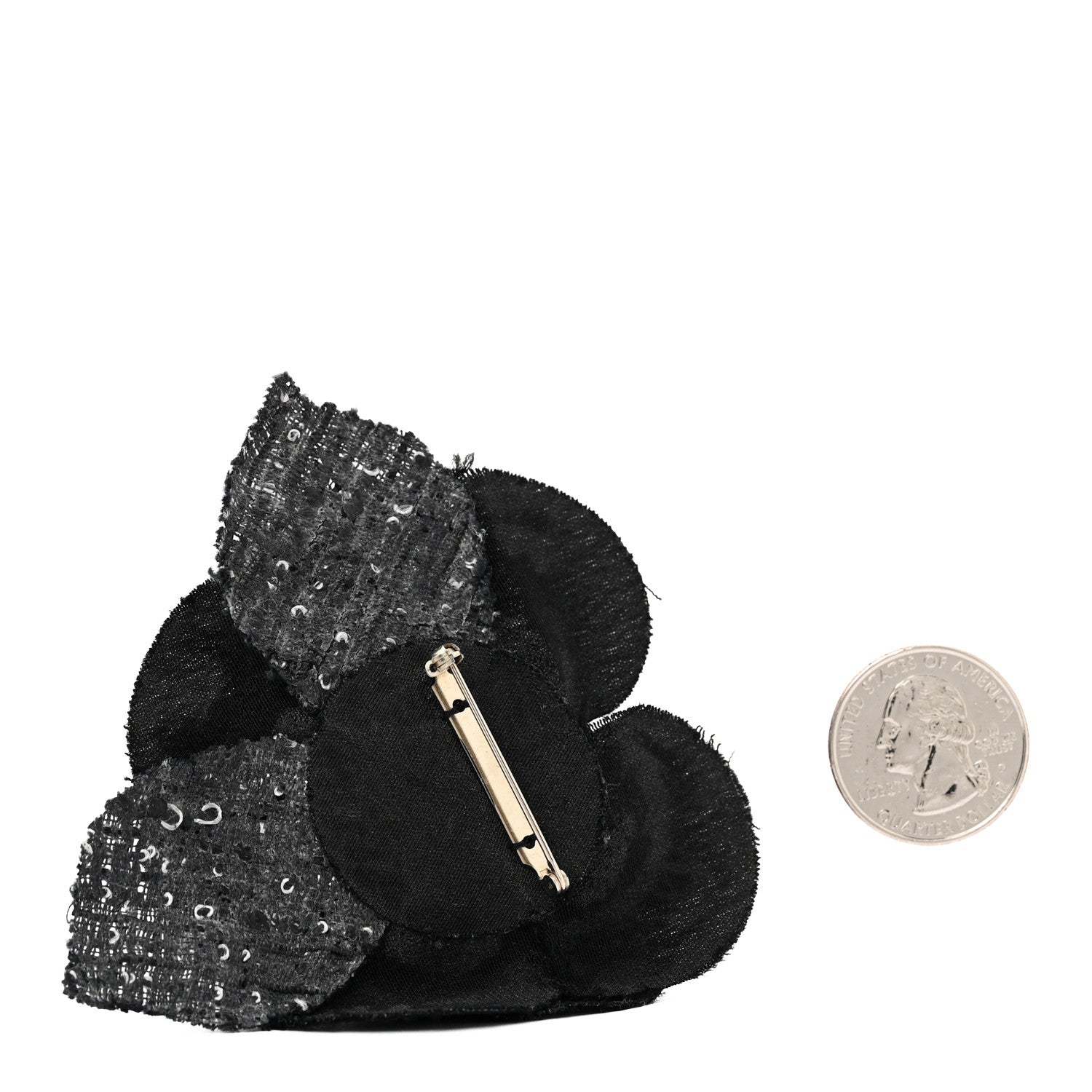Chanel Tweed Camellia Pin Brooch Black White 2 of 5