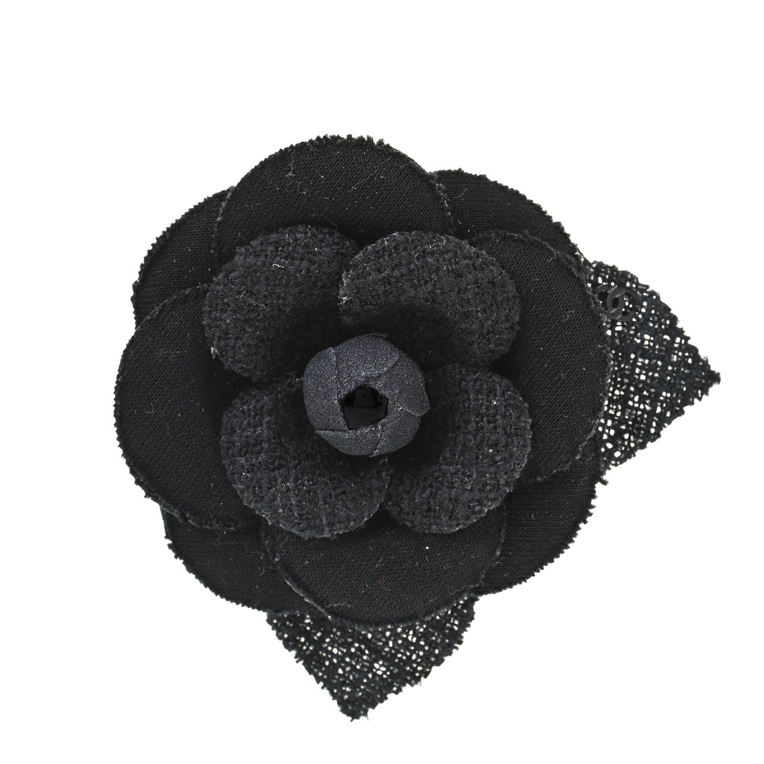 Chanel Tweed Camellia Pin Brooch Black 1 of 3