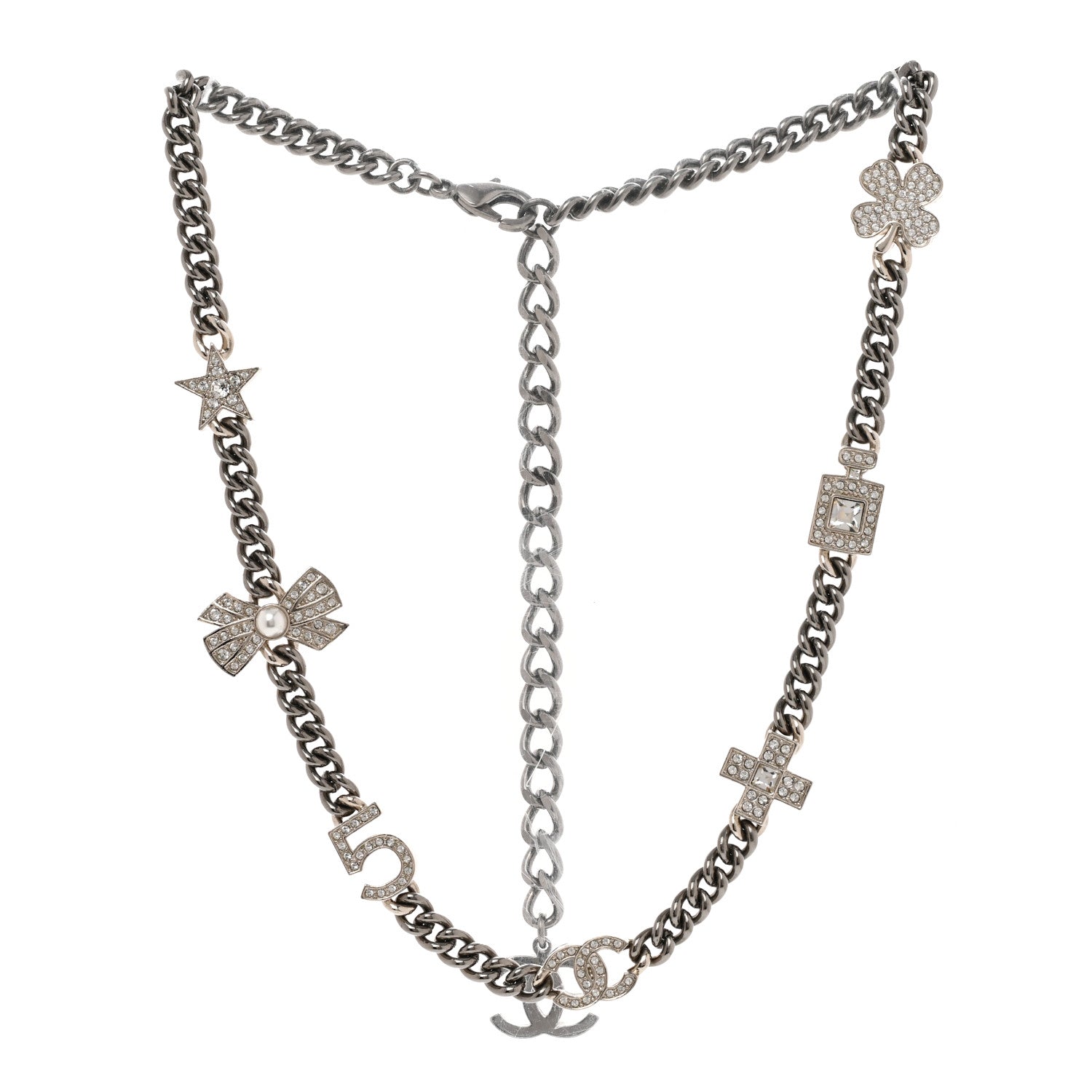 Chanel Ruthenium Crystal Chain CC Lucky Charms Choker Silver 3 of 6