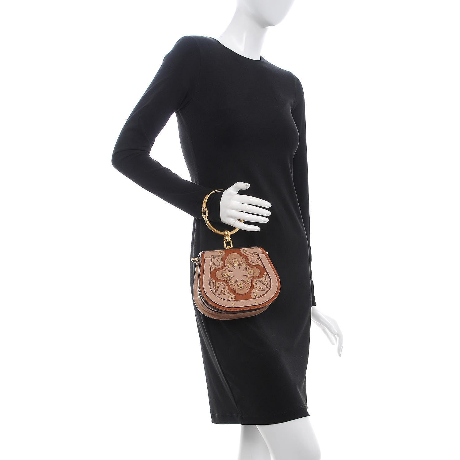 Chloe Calfskin Suede Floral Patchwork Small Nile Bracelet Bag Caramel 2 of 10