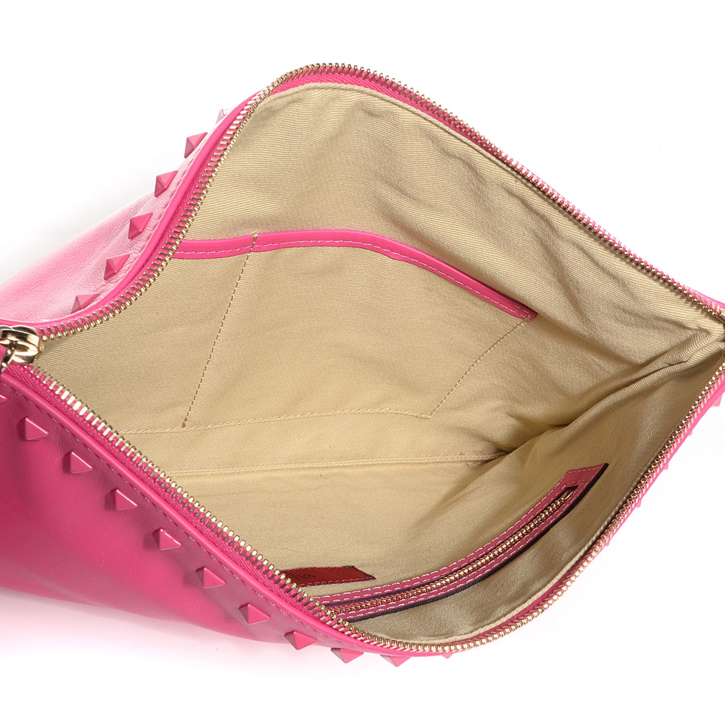 Vitello Monochrome Large Rockstud Zip Wristlet Pouch Pop Fuxia
