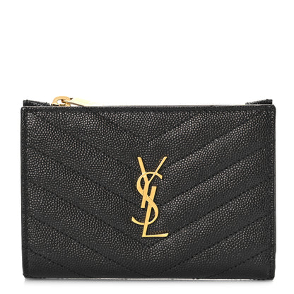 Saint Laurent Grain De Poudre Matelasse Chevron Monogram Zipped Two-Part Wallet Black 1 of 9
