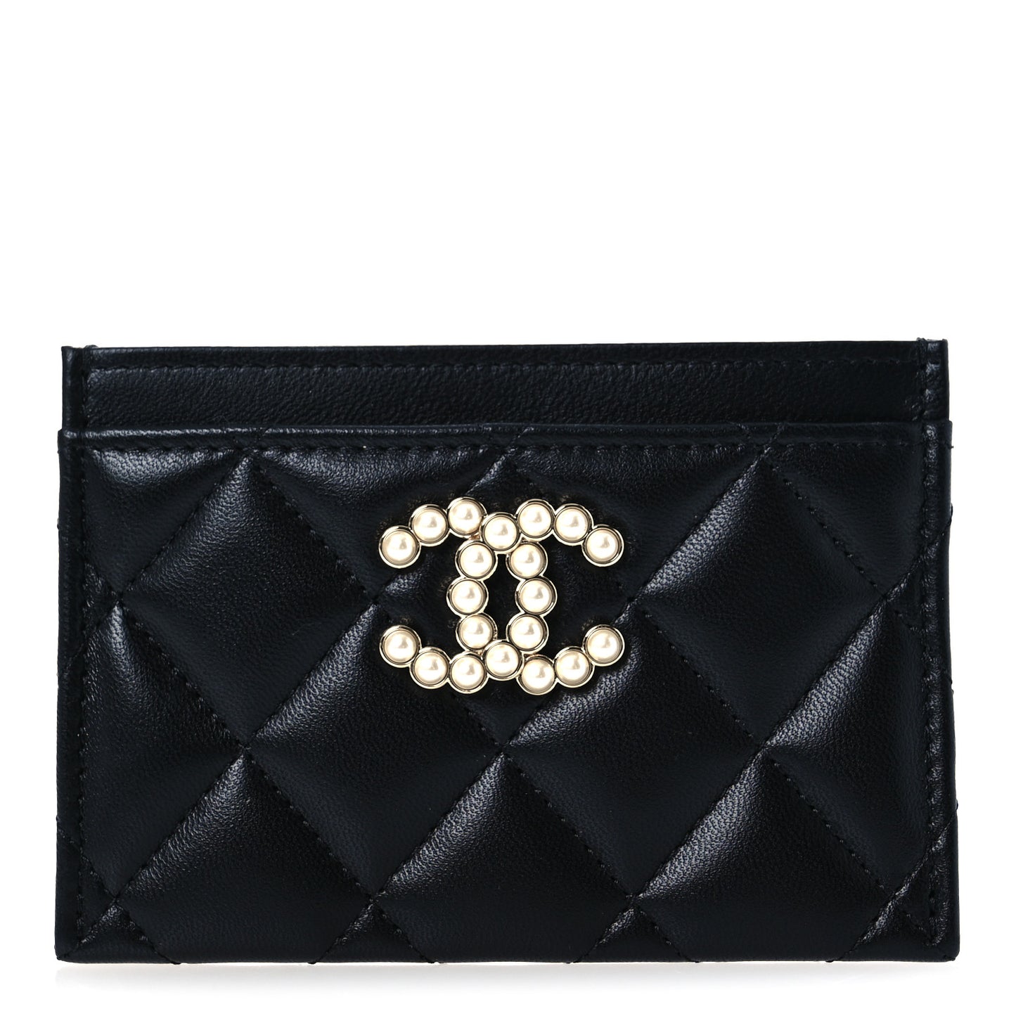 Lambskin Quilted Pearl CC Chanel Card Holder Black
