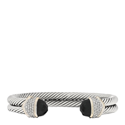 David Yurman Sterling Silver 18K Yellow Gold Diamond Black Onyx Double Cable Bracelet 1 of 3