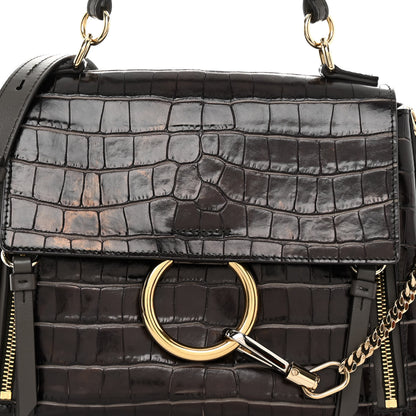 Chloe Calfskin Crocodile Embossed Small Faye Day Shoulder Bag Profound Brown 7 of 10