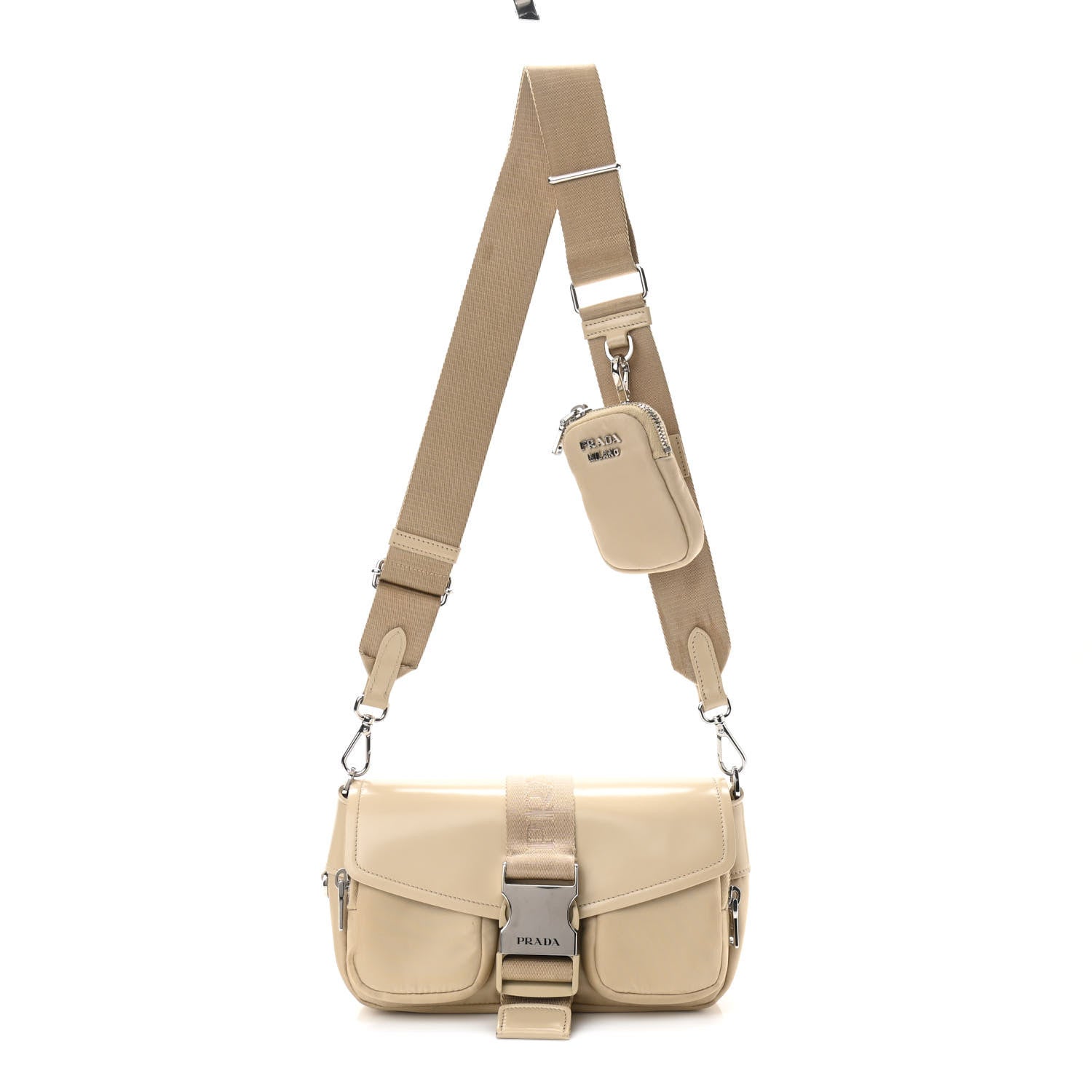 Prada Re-Nylon Spazzolato Double Pocket Buckle Shoulder Bag Deserto 1 of 9