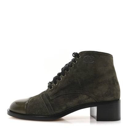Chanel Suede Patent Cap Toe CC Boots 40 Khaki 1 of 9