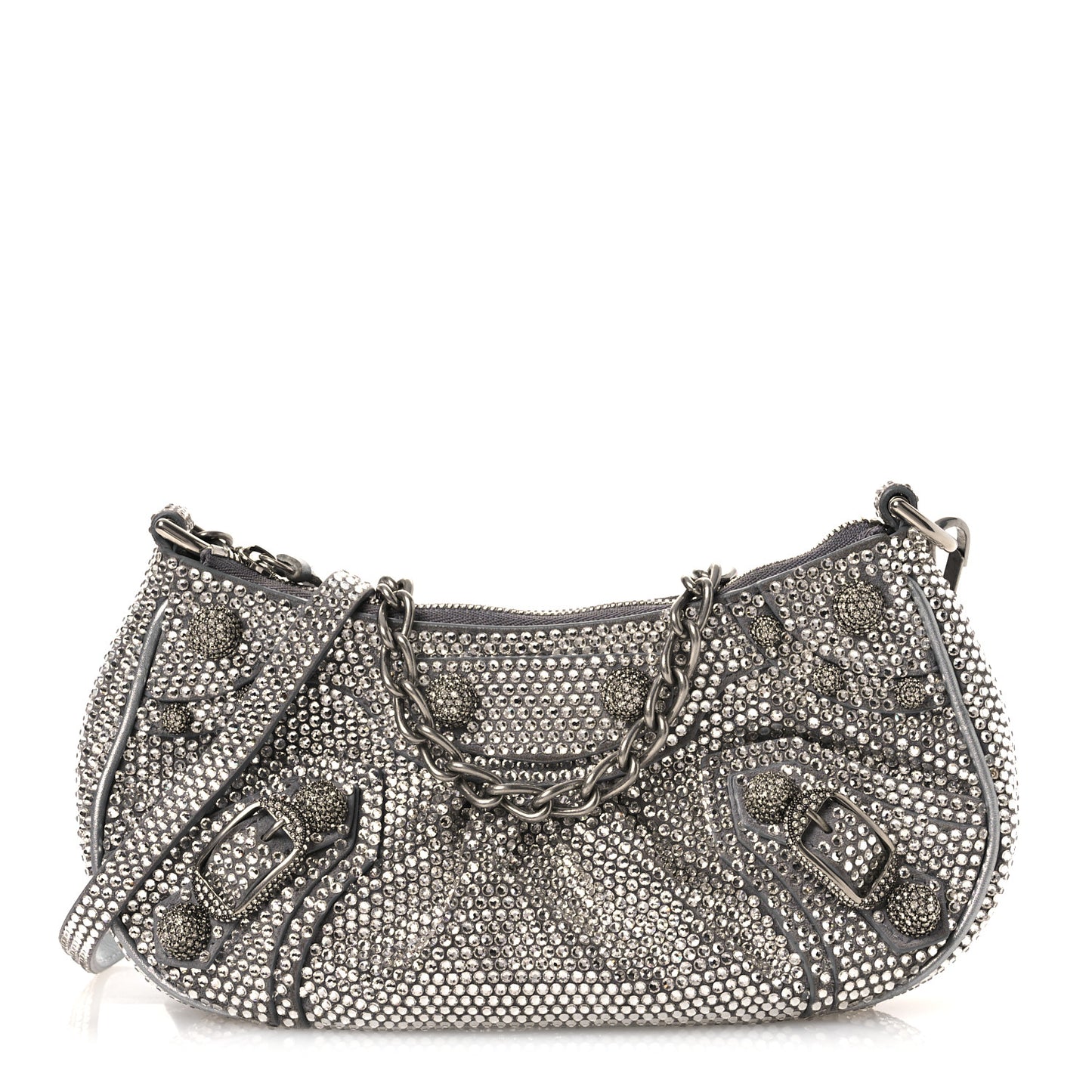 Strass Suede Metallic Nappa Le Cagole Mini Purse With Chain Grey