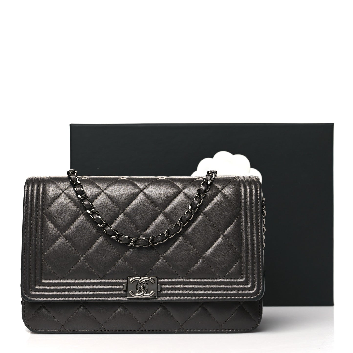 Lambskin Quilted Boy Wallet On Chain WOC Dark Grey