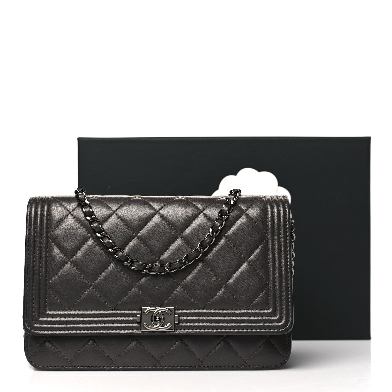 Chanel Lambskin Quilted Boy Wallet On Chain WOC Dark Grey 14 of 14
