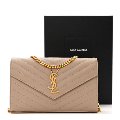 Saint Laurent Grain De Poudre Matelasse Chevron Monogram Chain Wallet Dark Beige 10 of 10