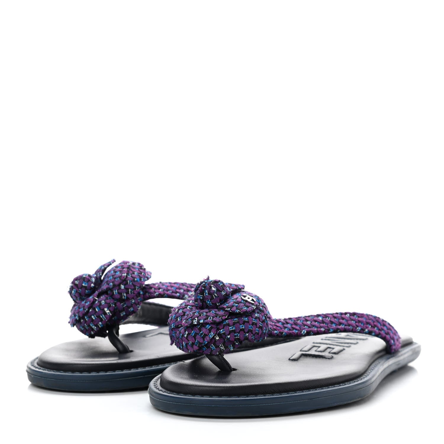 Chanel Tweed Quilted Camellia Thong Sandals 39 Purple Blue Black 3 of 10