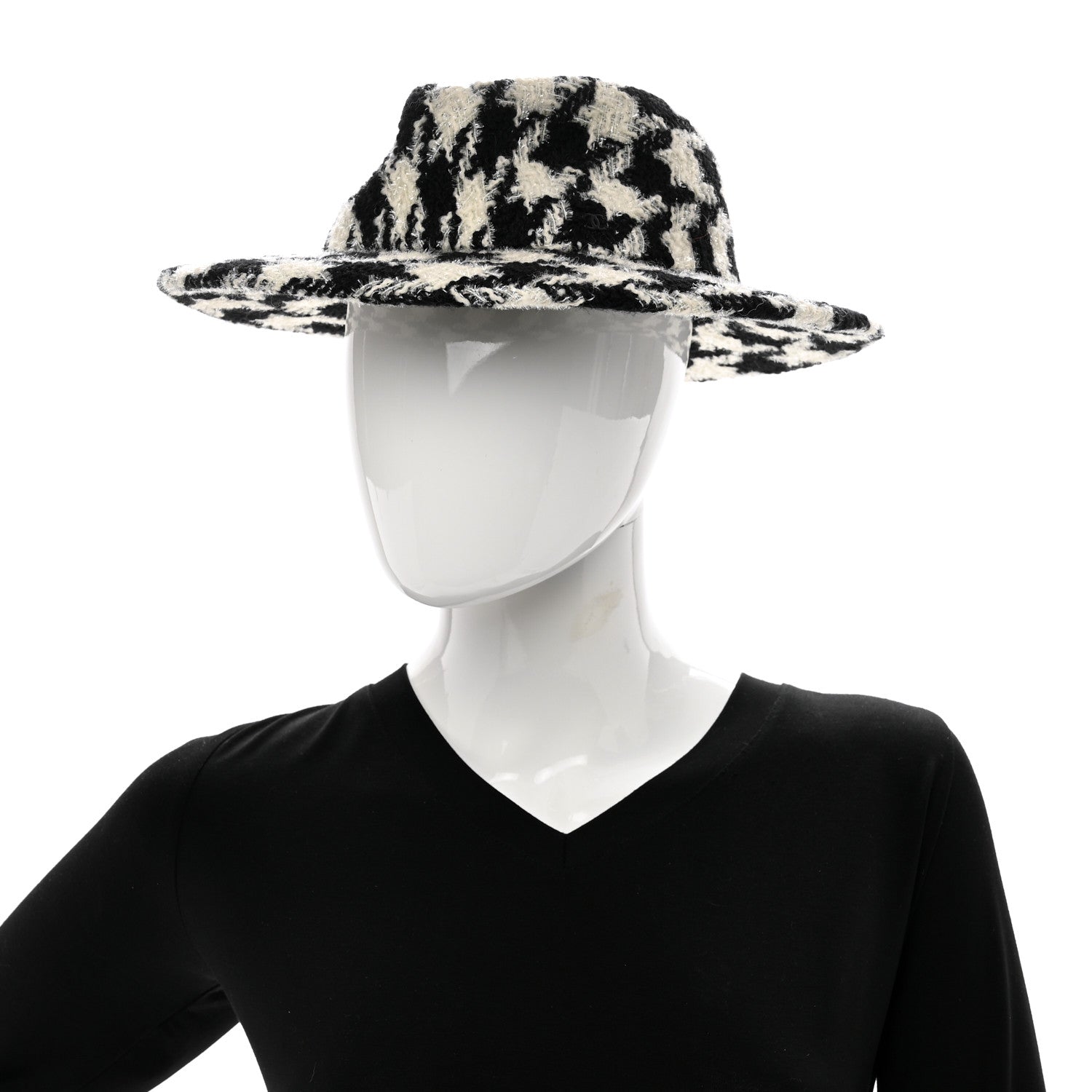 Chanel Cashmere Houndstooth CC Fedora Hat M White Black 2 of 7