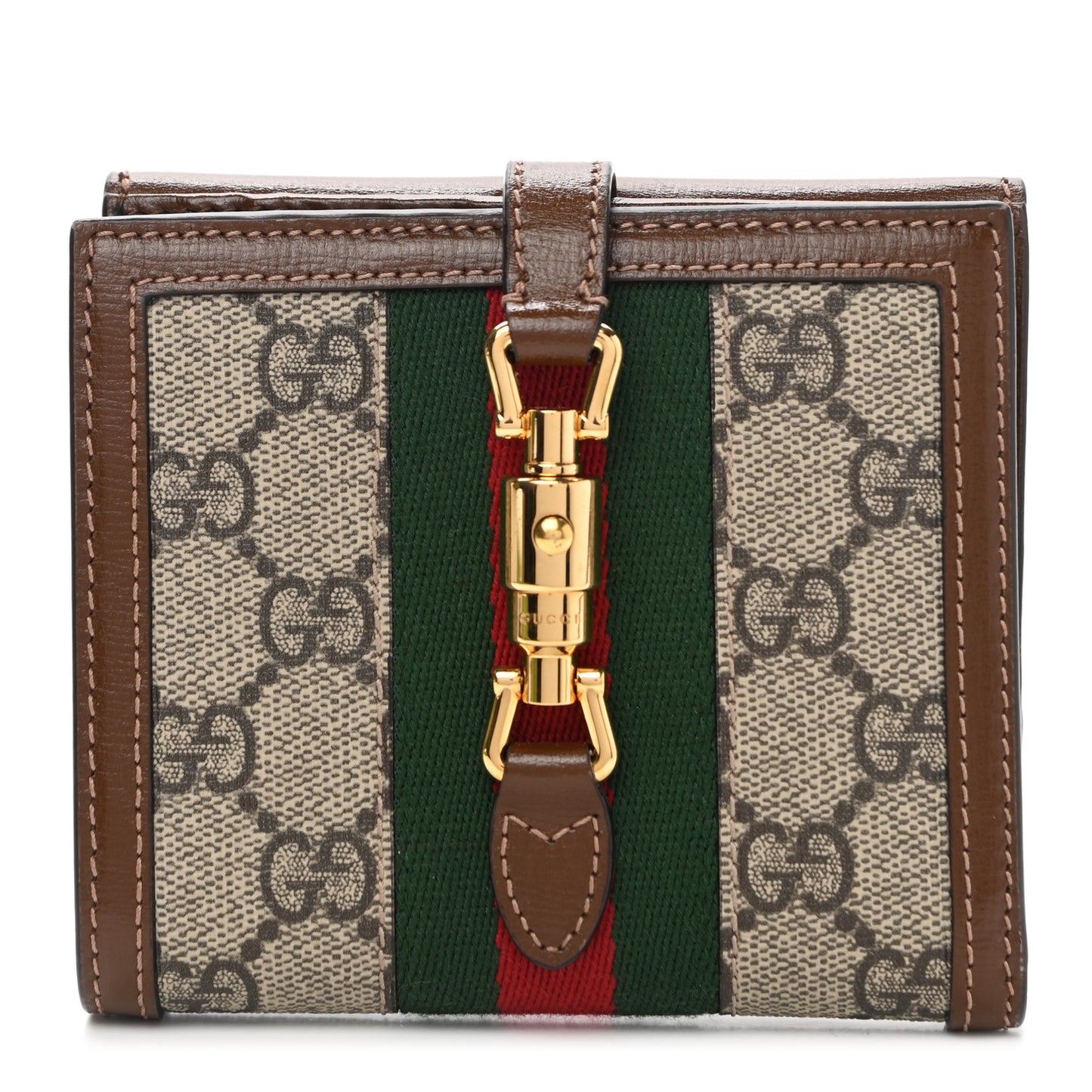 GG Supreme Monogram Textured Calfskin Web Jackie 1961 French Flap Wallet Beige Ebony Brown Sugar