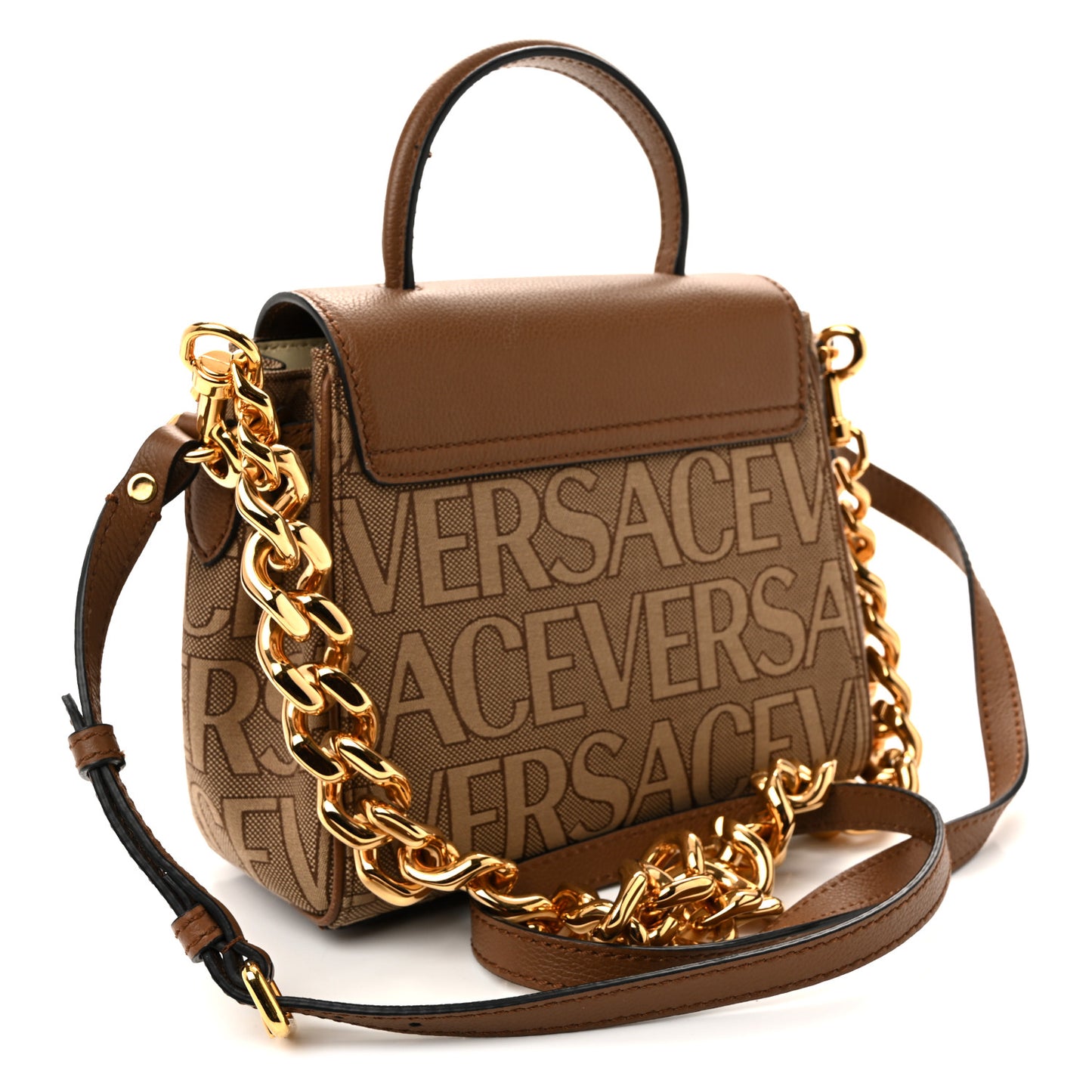 Calfskin Canvas Allover La Medusa Small Top Handle Handbag Brown