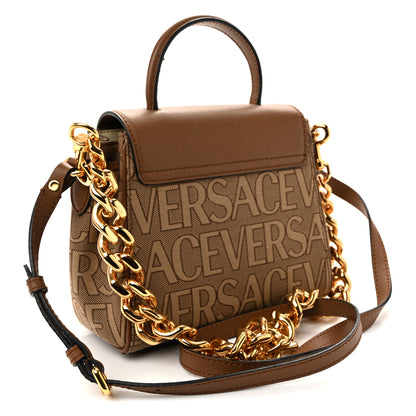 Versace Calfskin Canvas Allover La Medusa Small Top Handle Handbag Brown 3 of 11
