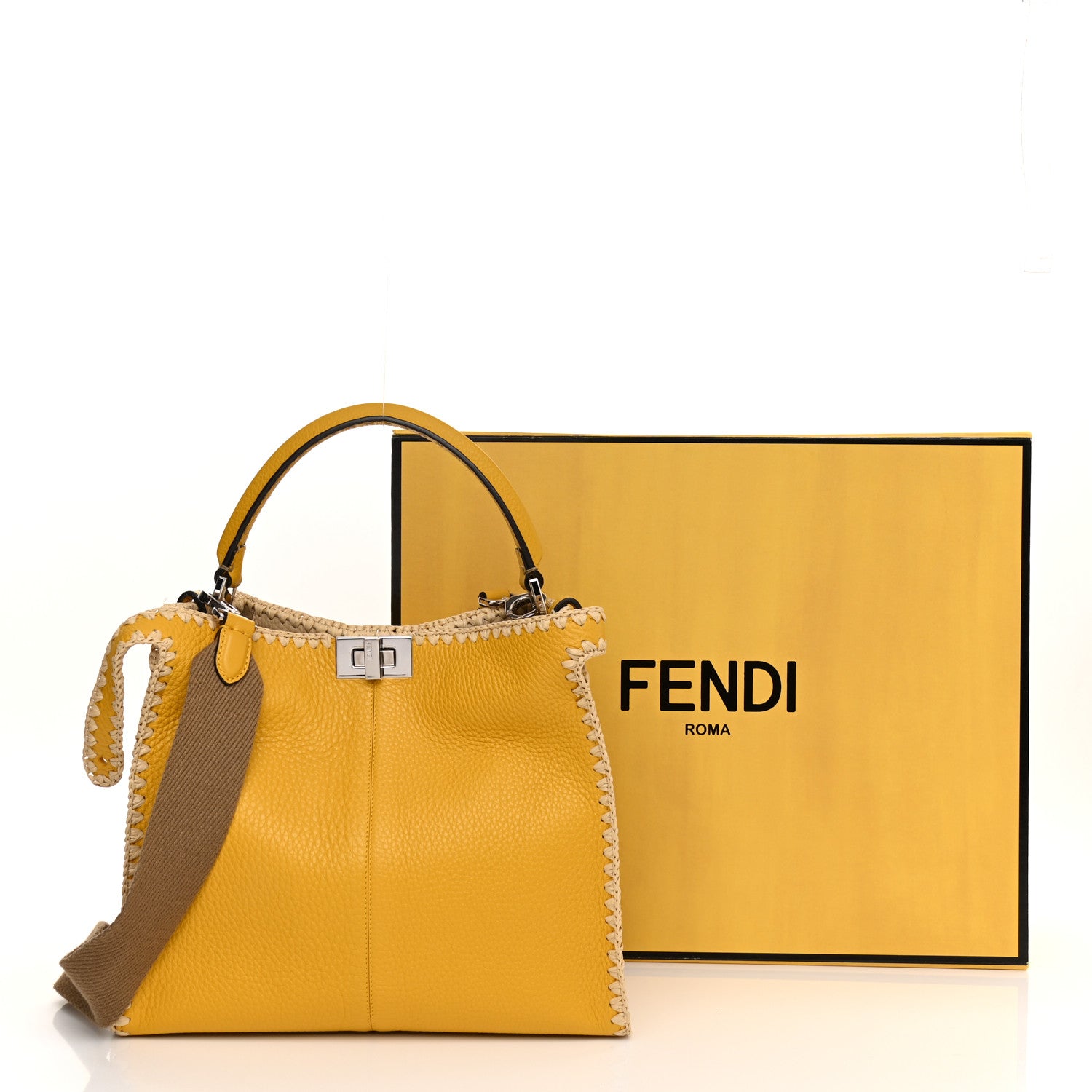 Fendi Cuoio Romano Selleria Raffia Bi-Color Woven Medium Peekaboo X-Lite Sunflower Paglia 24 of 25