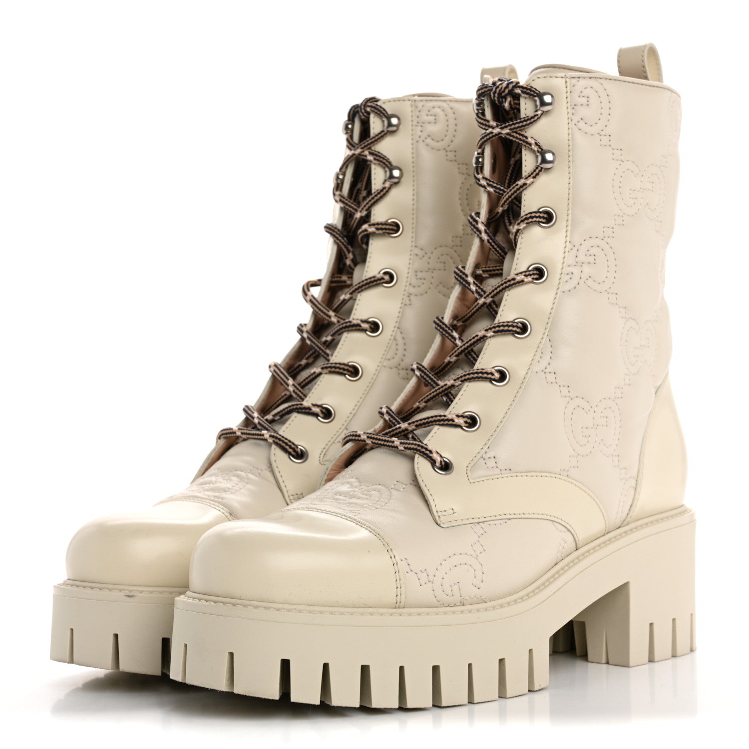 Gucci Cordovan Lux Nappa GG Matelasse Lace Up 60mm Combat Boots 39 Milk White 4 of 11