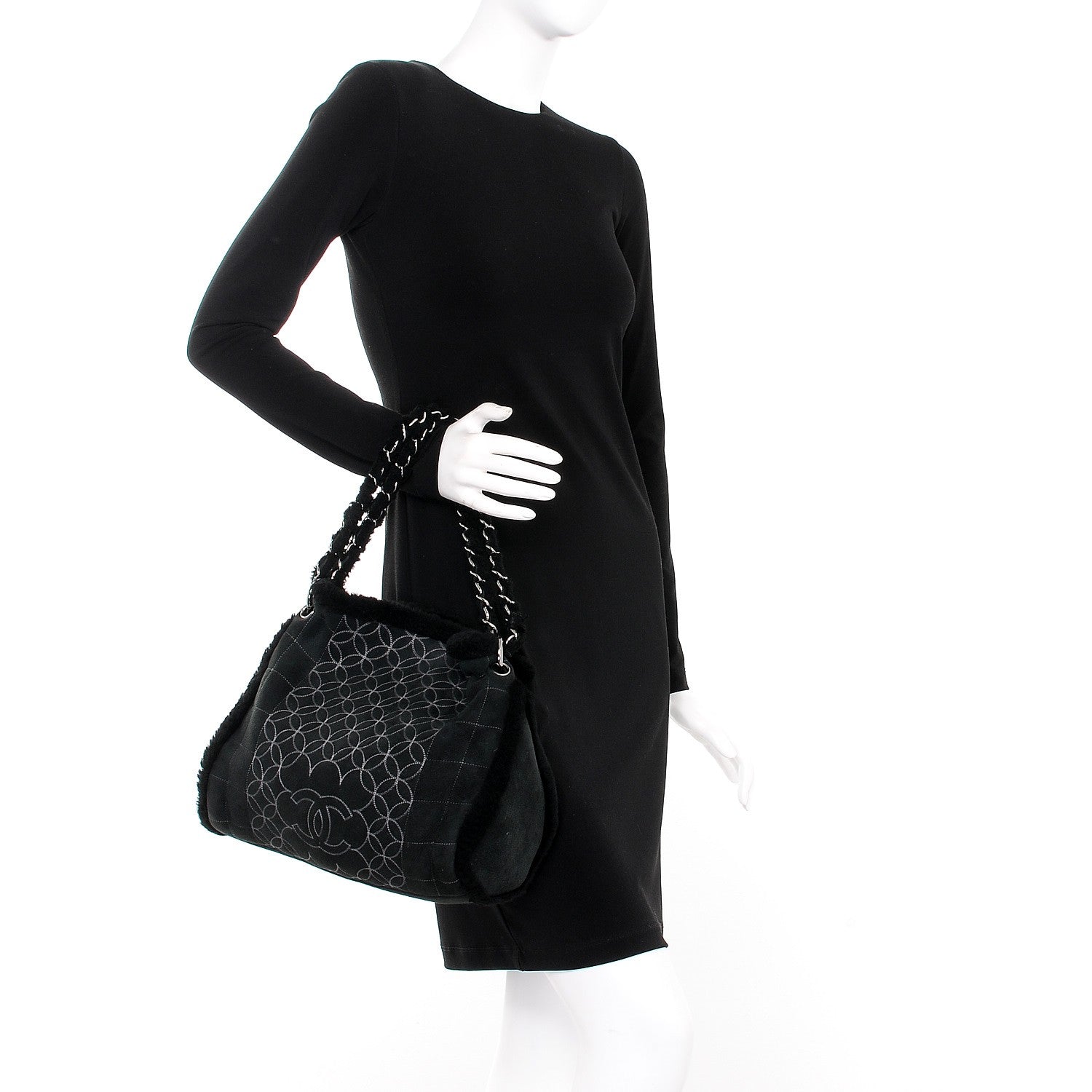 Chanel Shearling Suede Stiched CC Tote Black 2 of 11