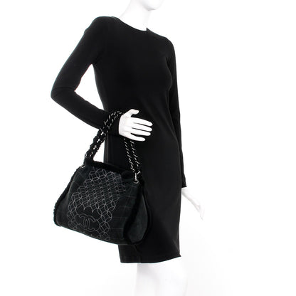Chanel Shearling Suede Stiched CC Tote Black 2 of 11
