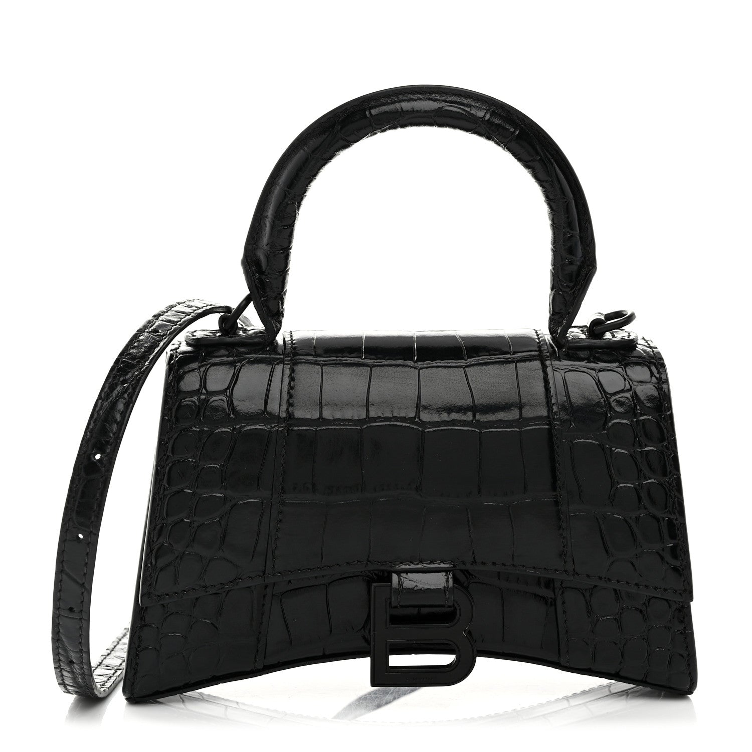 Balenciaga Shiny Calfskin Monochrome Crocodile Embossed Hourglass Top Handle Bag XS Black 1 of 9